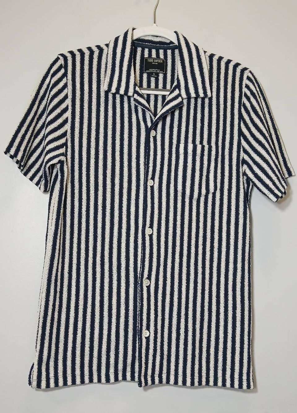 Todd snyder new york mens small blue stripe cotton terry knit shortsleeve cream